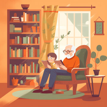 Grandparent reading a book to their grandchild on a bright yellow couch. The book has a smiling sun on the cover and the illustration has a warm, inviting feel. Generative AI.