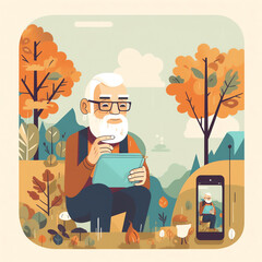 Senior citizen using a smartphone with a speech bubble that says "Hello!" and emojis. The illustration is playful and colorful, with a modern touch. Generative AI.