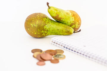 Pears near notepad and coins.	