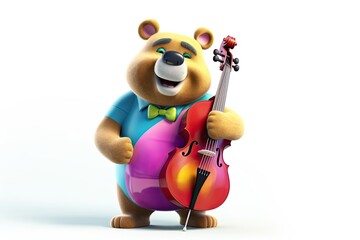 Dressed funny bear playing contrabass and smiling, isolated on a white background, illustration