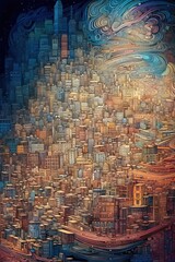 Fototapeta na wymiar A stunning surreal & abstract mosaic cityscape of Twisted Buildings and Muted Colors using Generative AI