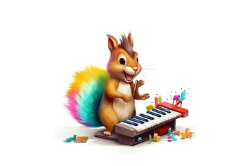 Obraz premium Squirrel playing on synthesizer isolated on white, illustration 