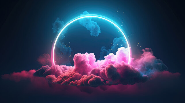 Neon Circle in Clouds.Generative Ai