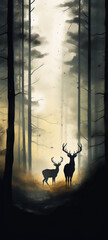 forest a coniferous forest with deer in the fore , Generative AI