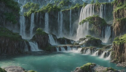 Wonderful waterfall in the mountains. Landscape Photography. Mountain waterfalls with a picturesque landscape. Generative AI