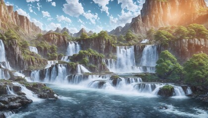 Fototapeta na wymiar Wonderful waterfall in the mountains. Landscape Photography. Mountain waterfalls with a picturesque landscape. Generative AI