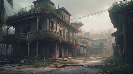 An eerie and mysterious abandoned town with crumbling wooden building