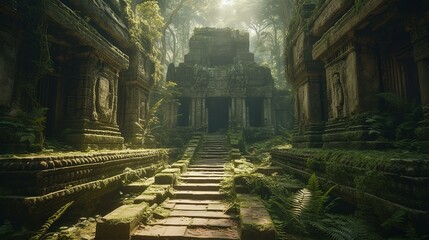 Fototapeta premium An ancient temple complex rising from the jungle floor