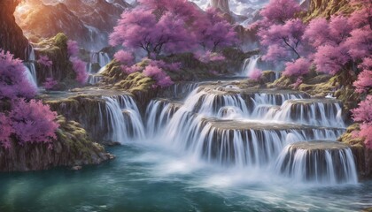 Wonderful waterfall in the mountains. Landscape Photography. Mountain waterfalls with a picturesque landscape. Generative AI