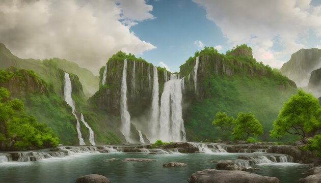 Wonderful waterfall in the mountains. Landscape Photography. Mountain waterfalls with a picturesque landscape. Generative AI