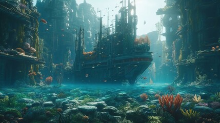 Naklejka premium A sprawling and vibrant underwater city with a shiplike structure in the middle