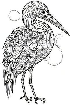 recommend clip art: .Coloring book for adult and older children. Coloring page with a picture of heron.Generative AI
