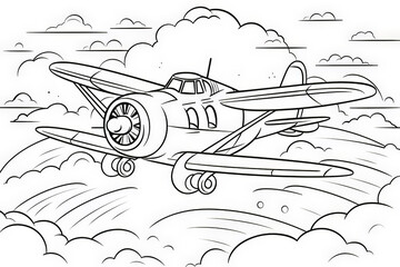 Black and White Cartoon Illustration of Vintage Plane Flying in the Sky for Coloring Book.Generative AI
