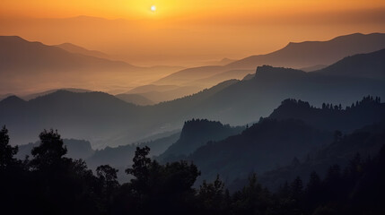 Obraz premium sunrise in the mountains with fog. calm mood. Generative AI