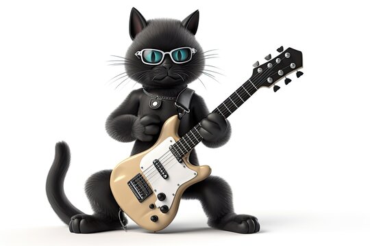 Black cat rockers playing electric guitar isolated on white, illustration