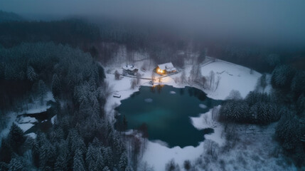aerial view of a lake house in winter with lots of snow. Generative AI