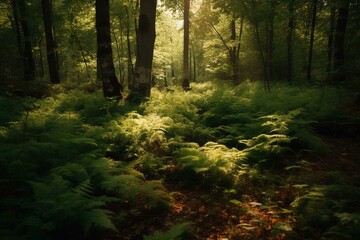 lush woodland in warm seasons. Generative AI