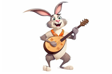 Fototapeta na wymiar White rabbit or hare playing banjo on a white background isolated