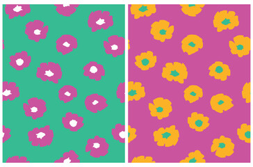 Cute Hand Drawn Floral Seamless Vector Patterns. Pink and Yellow Flowers Isolated on a Green and Magenta Backgrounds. Infantile Style Abstract Garden Design. Infantile Style Floral Repeatable Print.