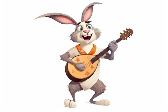 White rabbit or hare playing banjo on a white background isolated