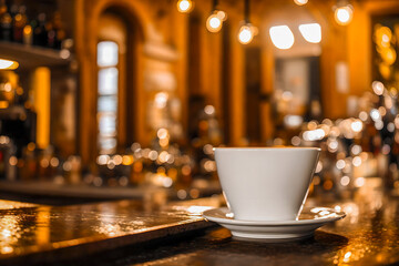きらびやかなバーカウンターに置かれたエスプレッソカップ Espresso cup on the glittering bar counter. generative AI