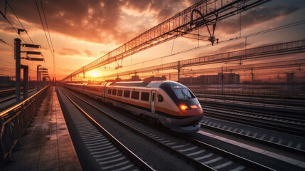 Naklejka premium an express train runs in the sunset. transportation concept. Generative AI