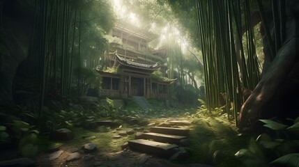 A serene bamboo forest with a hidden temple at the heart of it