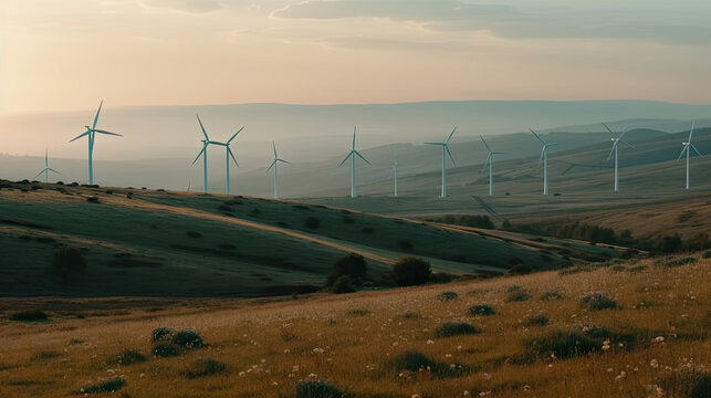 aerial view of wind turbines that generate green ECO electricity. Generative AI
