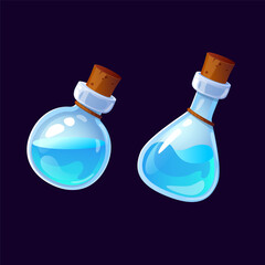 Color vector illustration of a magic bottle with an elixir inside. Witch's potion icon for the game. Blue liquid in a transparent bottle with a corkwood plug. UI game assets