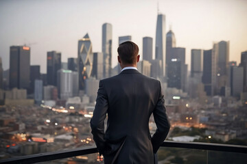 Fototapeta na wymiar Handsome Businessman in Suit with City Skyline Background. Success and Professional Concept