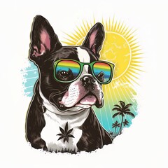 French bulldog in sunglasses on the background of the sun. Vector illustration..Generative AI