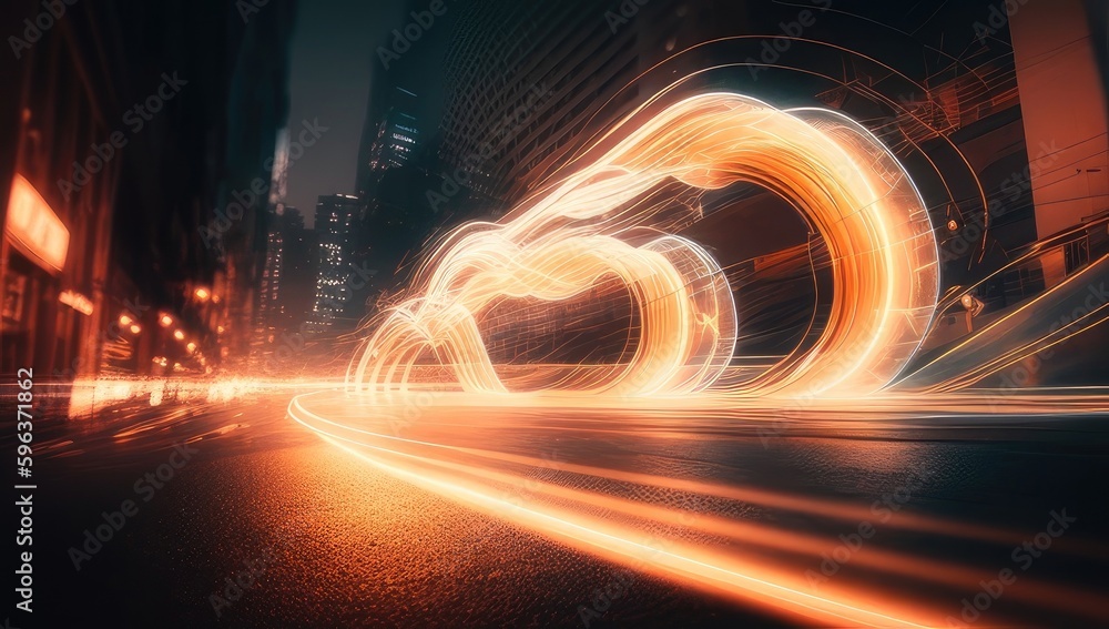 Poster abstract long exposure dynamic speed light trails in urban environment. car motion trails. speed lig