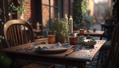 An open, empty terrace of a summer cafe or outdoor restaurant with tables and light wicker chairs. A warm summer day. Generative AI