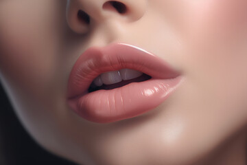 Close-up of caucasian woman lips and light lipstick. Beauty, female cosmetics, make-up. Generative AI