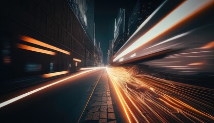 Fototapeta na wymiar Fast moving car lights driving on road at night, hyperlapse traffic transport of urban city life, long exposure colorful neon light trails line speed motion. Generative AI