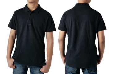 Blank collared shirt mock up template, front and back view, Asian teenage male model wearing plain black t-shirt isolated on white. Polo tee design mockup presentation for print