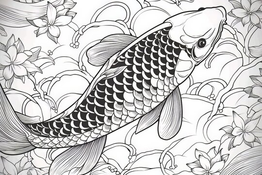 Coloring page for adults vector black and white pattern. Fishes frolic fun in a flowering pond. Seamless oriental texture with water Lily leaves, fishes and other water inhabitants..Generative AI