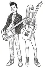 Young couple with guitar. Vector illustration ready for vinyl cutting. Monochrome image..Generative AI