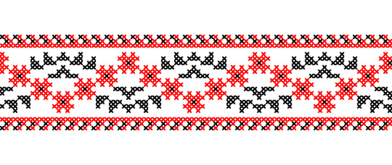 Ukrainian simple floral pattern in red and black colors. Vector ornament, border, pattern. Ukrainian folk, ethnic floral embroidery. Pixel art, vyshyvanka, cross stitch