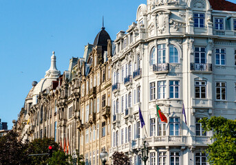 Fototapeta na wymiar Facade of a Portuguese apartment buildings in the historic center of Porto, Portugal, Europe