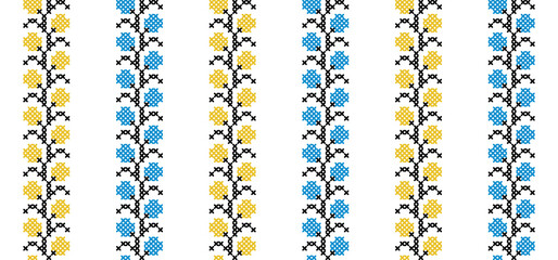 Ukrainian vector seamless fashion pattern, ornament, border. Traditional folk, ethnic pattern. Decoration in yellow and blue. Ukrainian fashion pattern. Pixel art, vyshyvanka, cross stitch