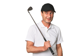 Middle aged golfer man dreaming of achieving goals and purposes