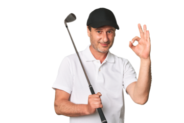 Middle aged golfer man cheerful and confident showing ok gesture.