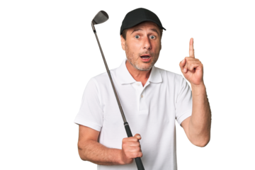 Middle aged golfer man having an idea, inspiration concept.