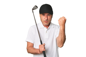 Middle aged golfer man showing fist to camera, aggressive facial expression.