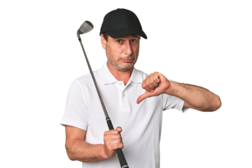 Middle aged golfer man showing a dislike gesture, thumbs down. Disagreement concept.