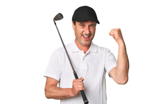Middle aged golfer man relaxed thinking about something looking at a copy space.