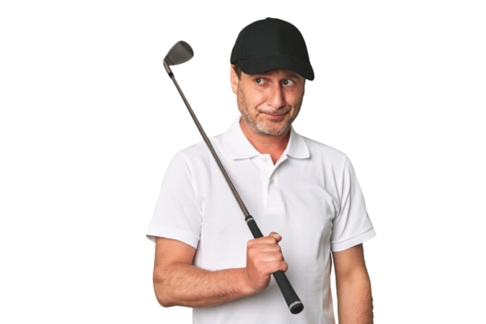 Middle aged golfer man biting fingernails, nervous and very anxious. - Powered by Adobe