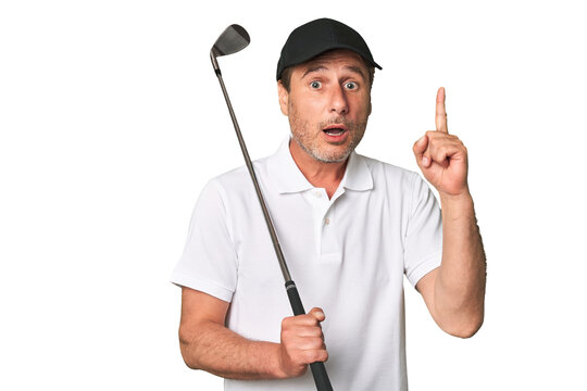 Middle aged golfer man having an idea, inspiration concept.
