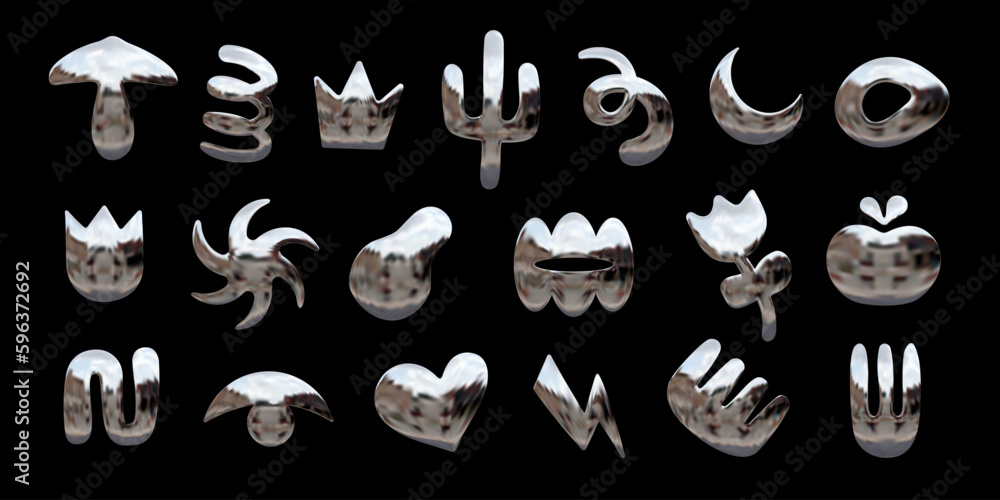 Poster set of various isolated chrome 3d elements in y2k design style, shiny metallic vector abstract shape
